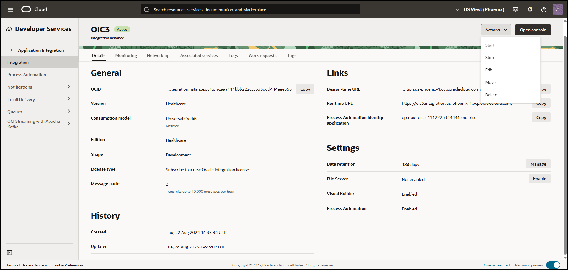 Description of ociconsole-integrationdetails-nocallouts.png follows