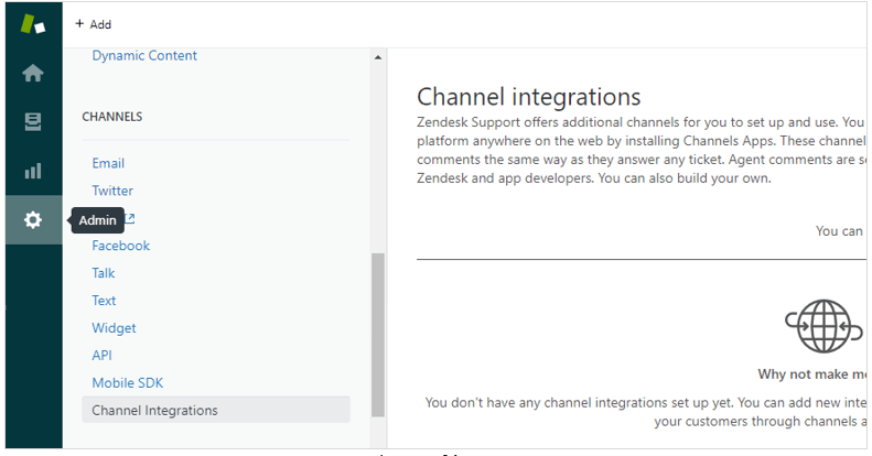 In the left navigation pane, Admin is selected. In the middle of the page, the Channel integrations title and text are displayed. In the left navigation pane, Admin is selected. In the middle of the page, the Channel integrations title and text are displayed.