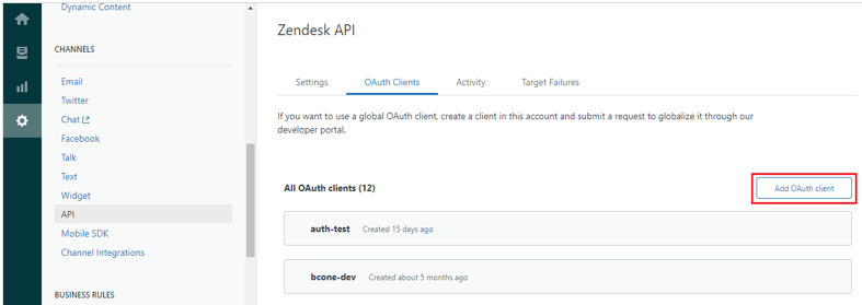 In the left navigation pane, API is selected. In the middle of the page, the Zendesk API section is shown. The OAuth Clients tab is selected. The Add OAuth Client button appears on the lower right, and is highlighted. In the left navigation pane, API is selected. In the middle of the page, the Zendesk API section is shown. The OAuth Clients tab is selected. The Add OAuth Client button appears on the lower right, and is highlighted.