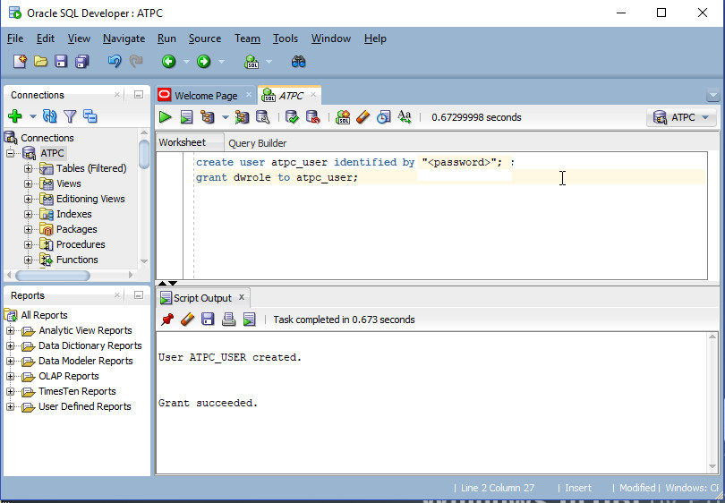 SQL Developer commands creating adwc_user