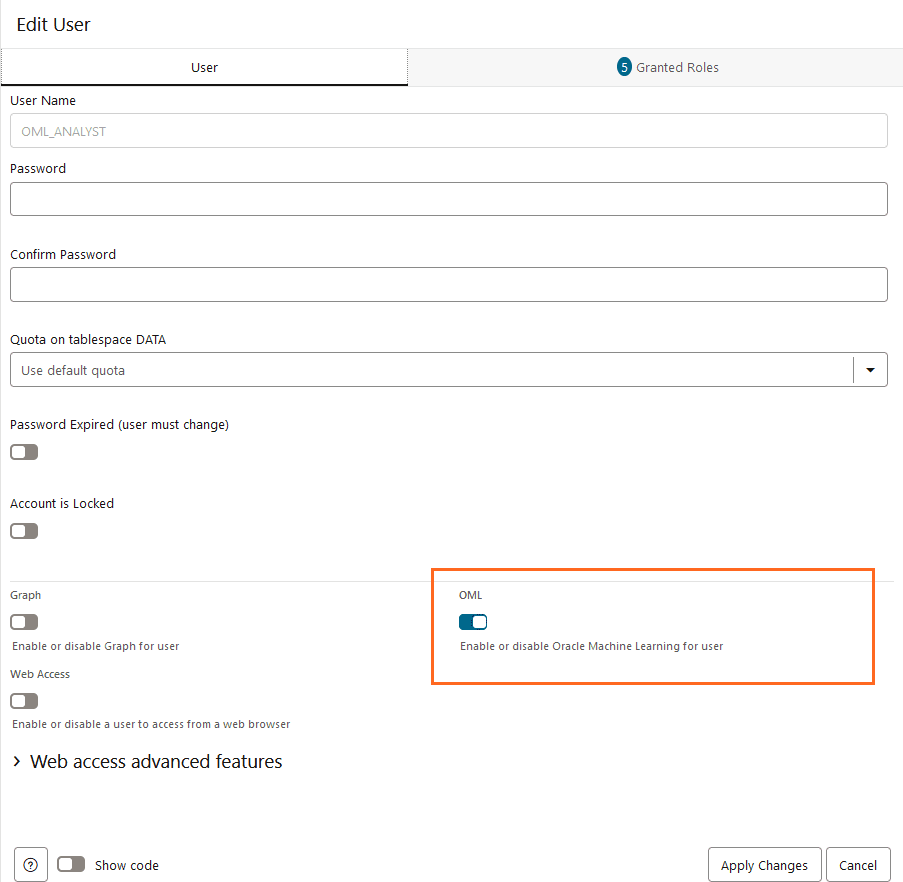 Description of adb_databaseactions_edit_oml_user.png follows Description of adb_databaseactions_edit_oml_user.png follows