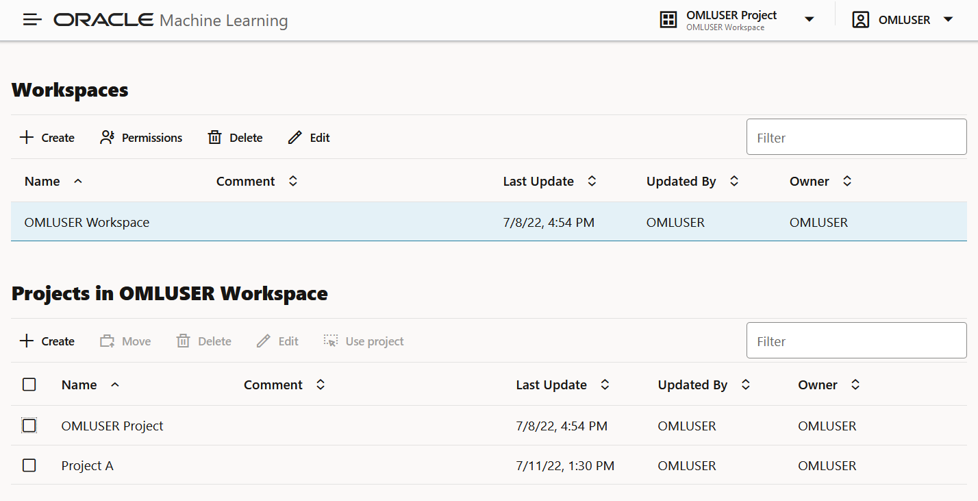 Create project option on the Workspace page