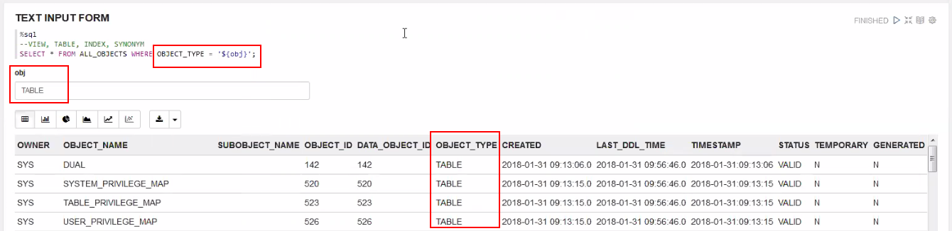 text input form with object type table