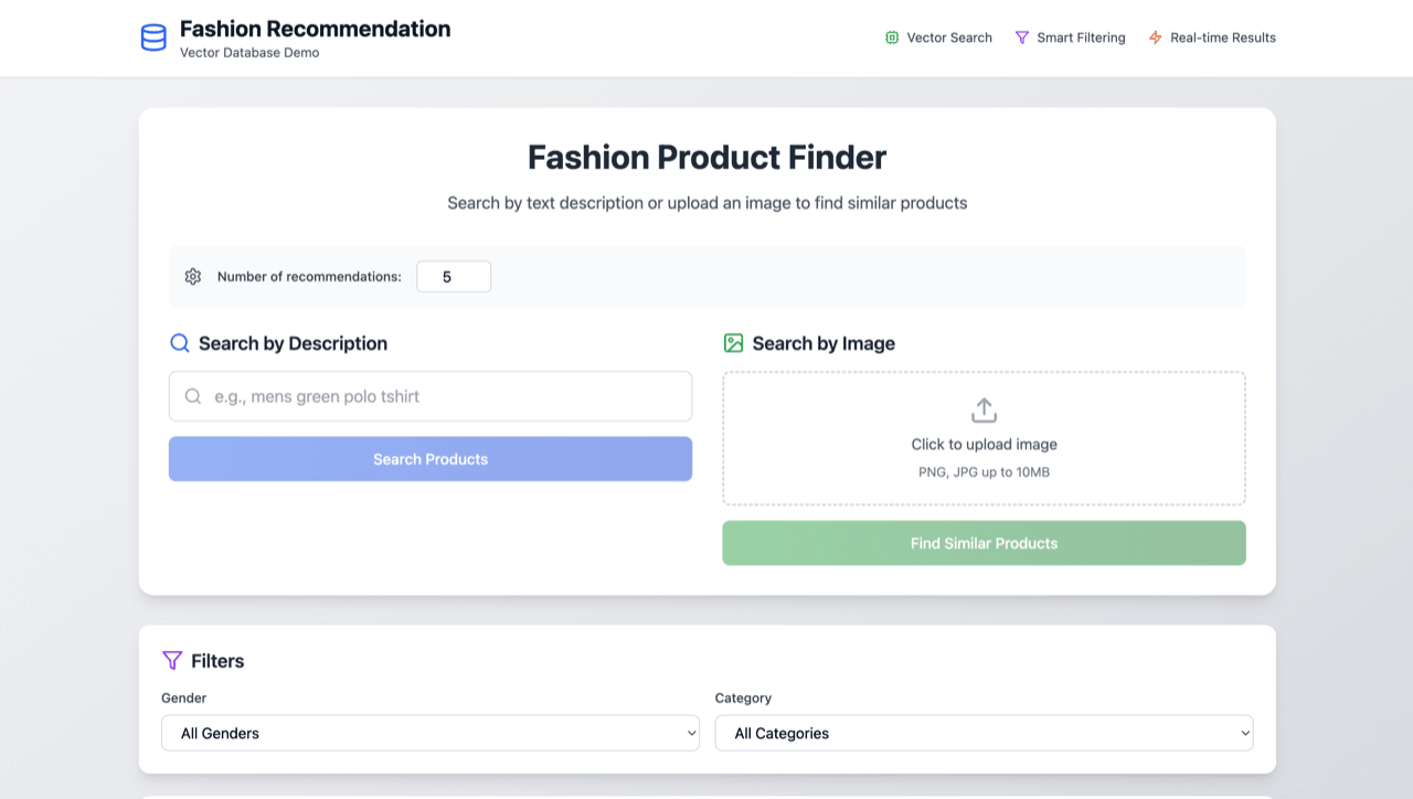 Screenshot of the Fashion Product Search sample showing text and image search with product results.