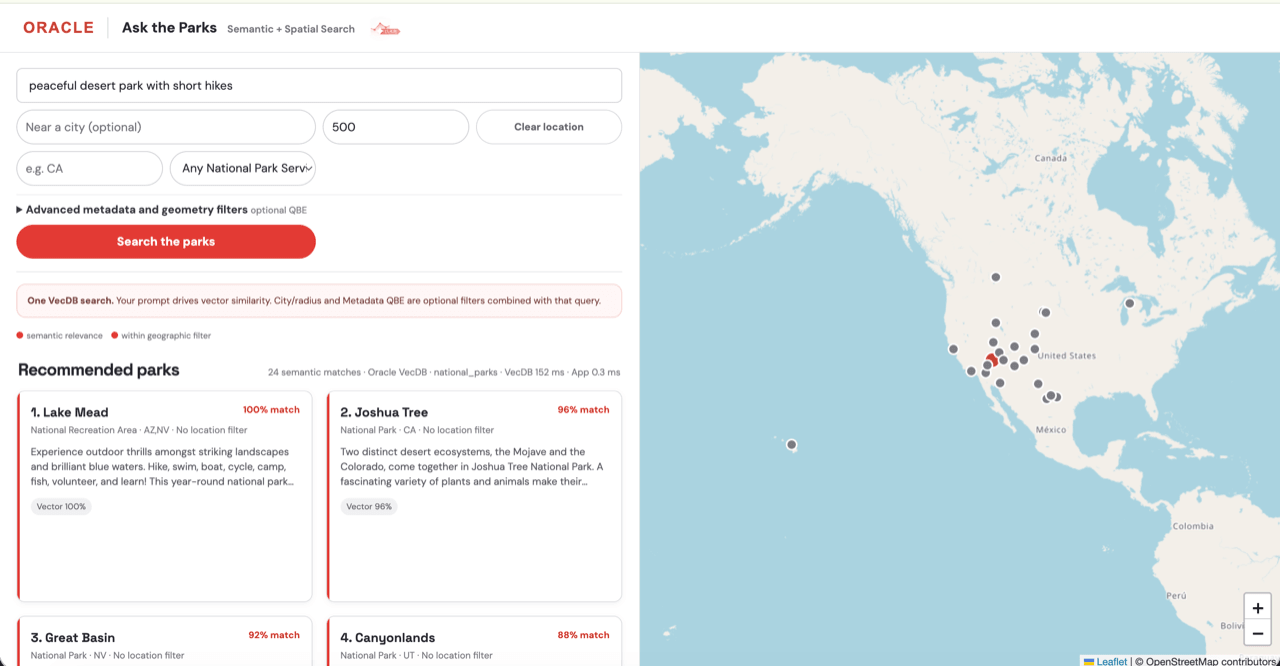 Screenshot of the Ask the Parks sample showing ranked park results beside a map.