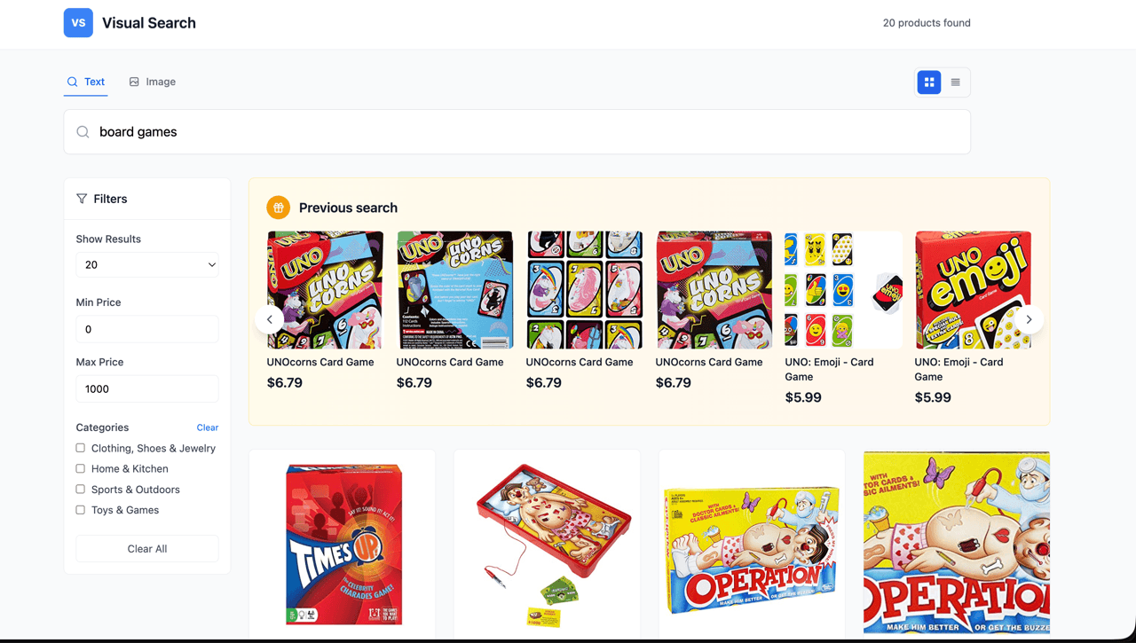 Screenshot of the Semantic Product Search and Visual Discovery sample showing product recommendations and filters.