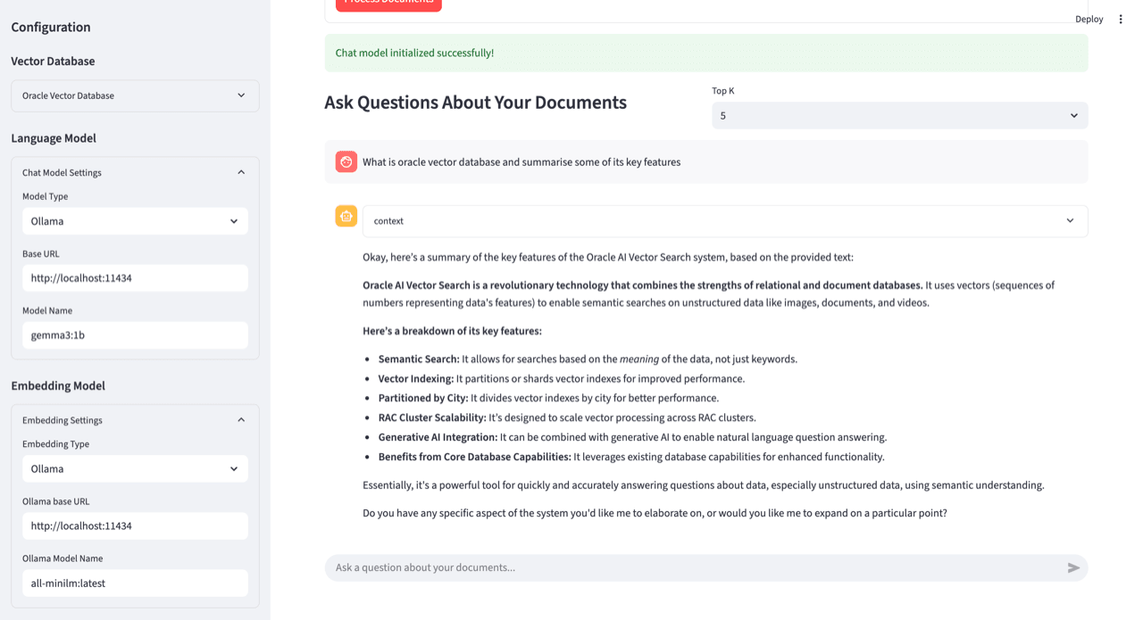 Screenshot of the Doc Chatbot sample showing a question answered with retrieved document context.