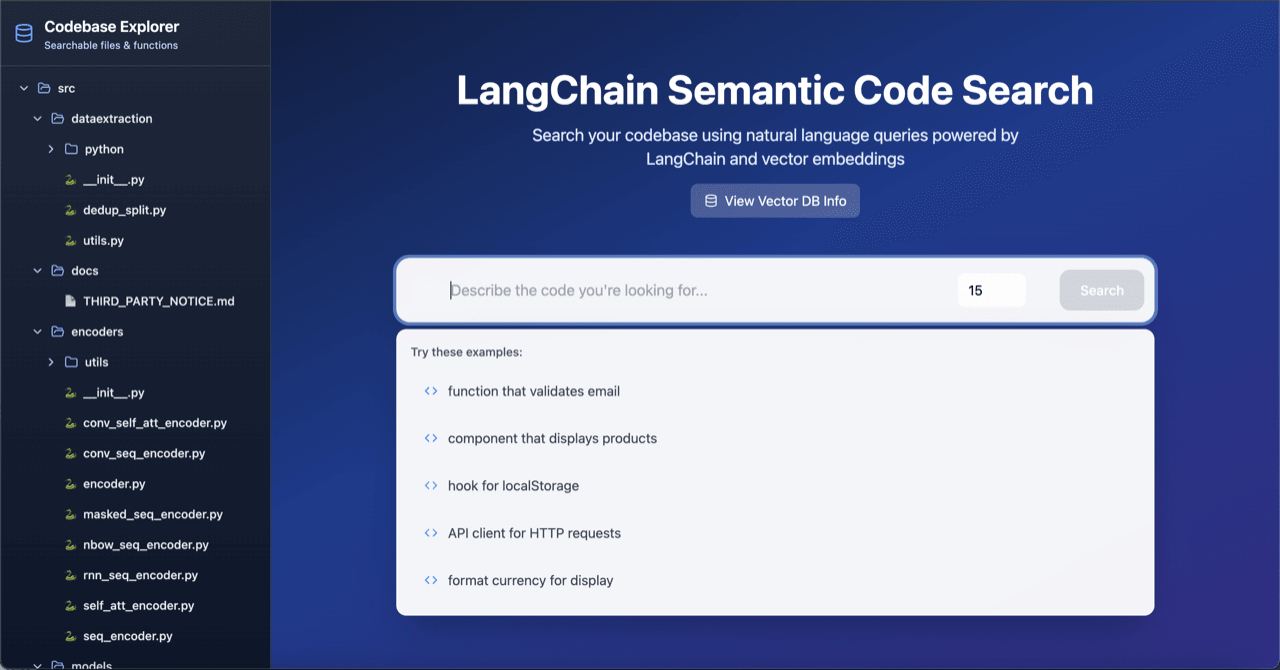 Screenshot of the Semantic Code Search sample showing a natural-language query and matching source code.