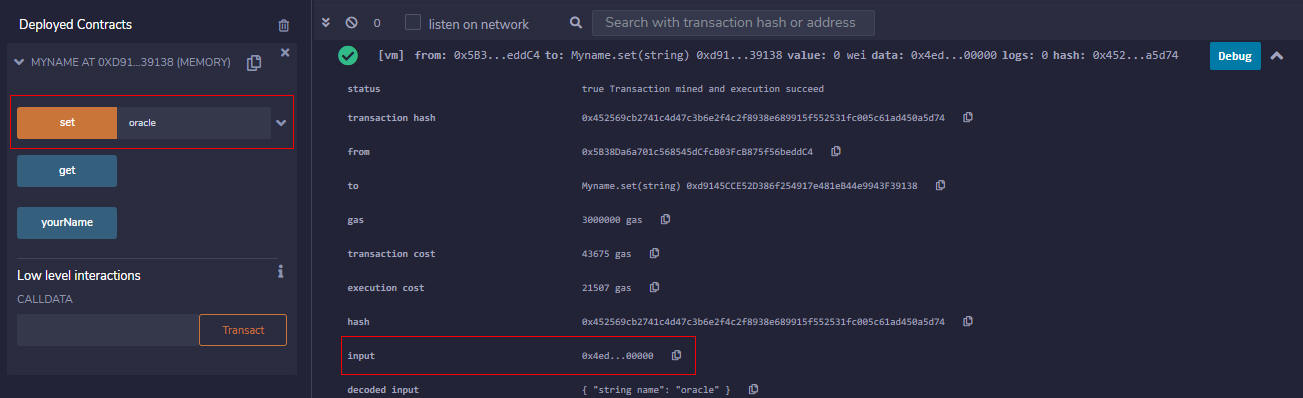 Screen capture of the Deployment page showing the completed transaction and field values, and pointing to the input field containing the function execution hash value.