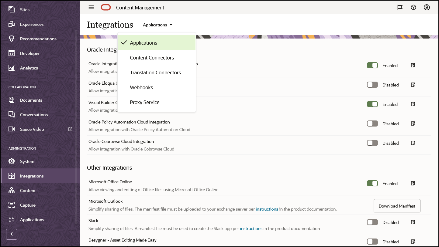 Administration Integrations Interface described in text