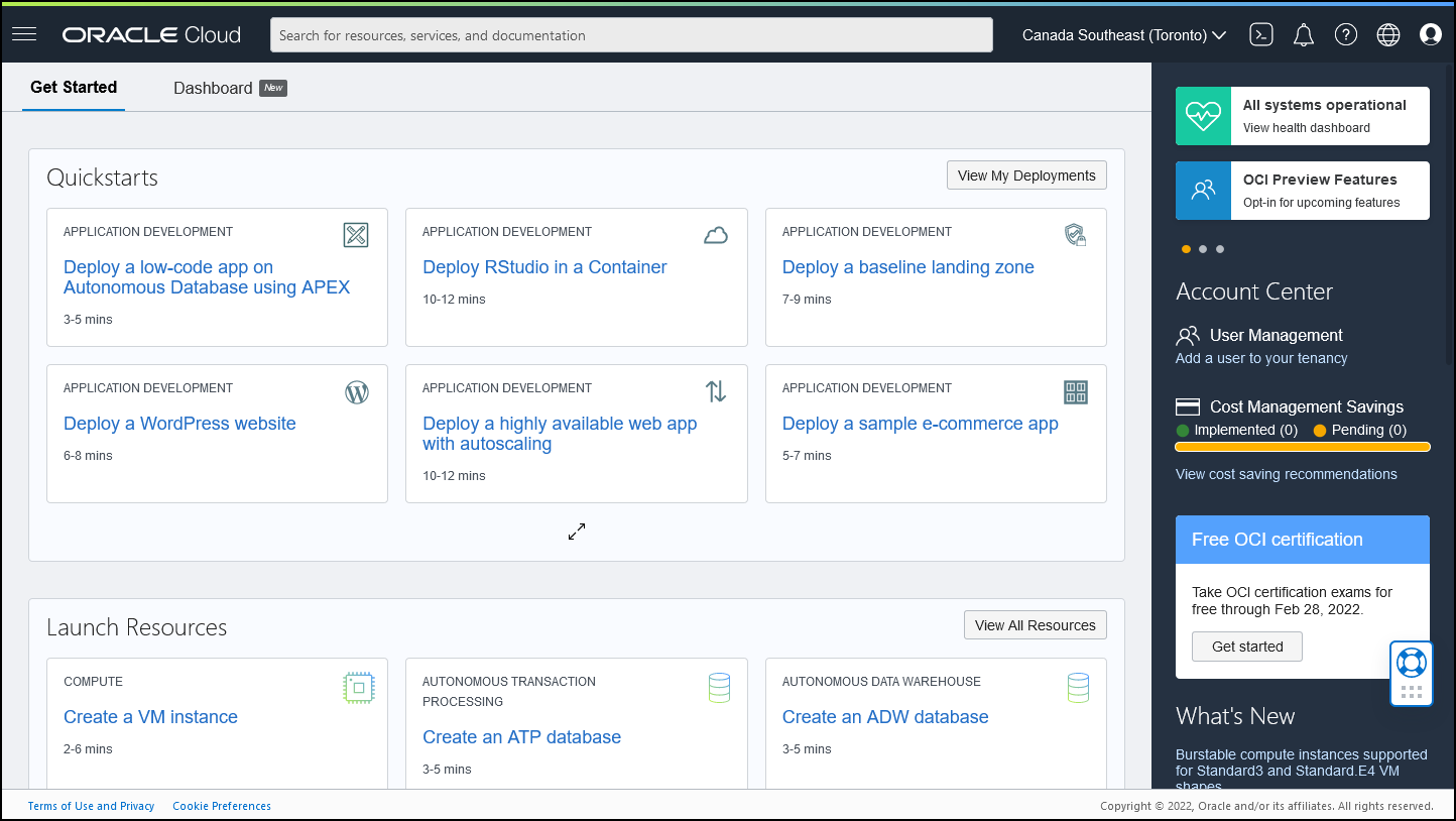 Oracle Cloud Console Dashboard