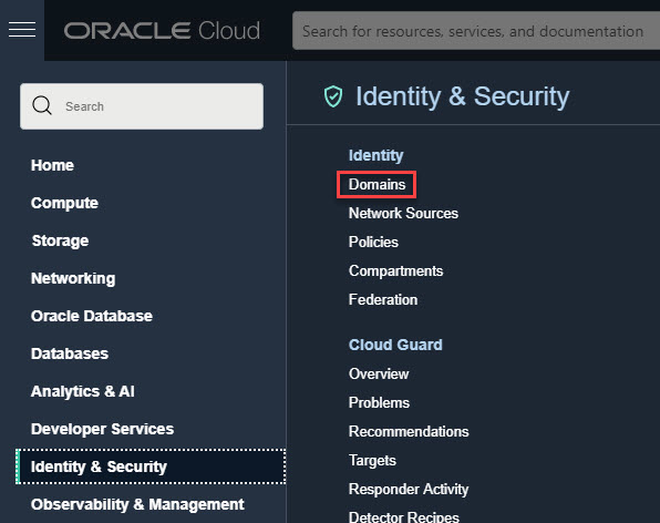Oracle Cloud Console showing Identity and Security with Domains menu option