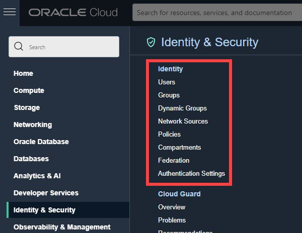 Oracle Cloud Console showing Identity and Security with no Domains menu option