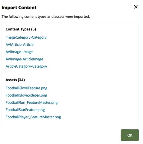 The summary page lists the content types and assets.