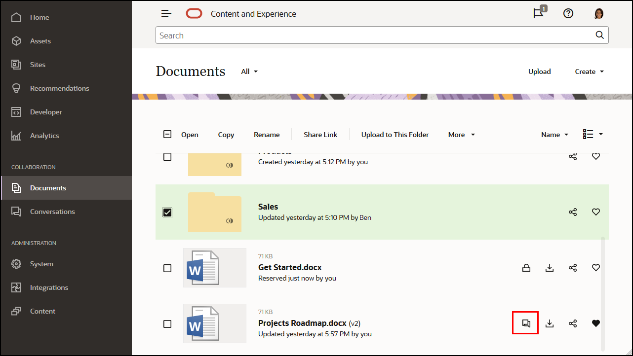 Documents page with conversation icon highlighted