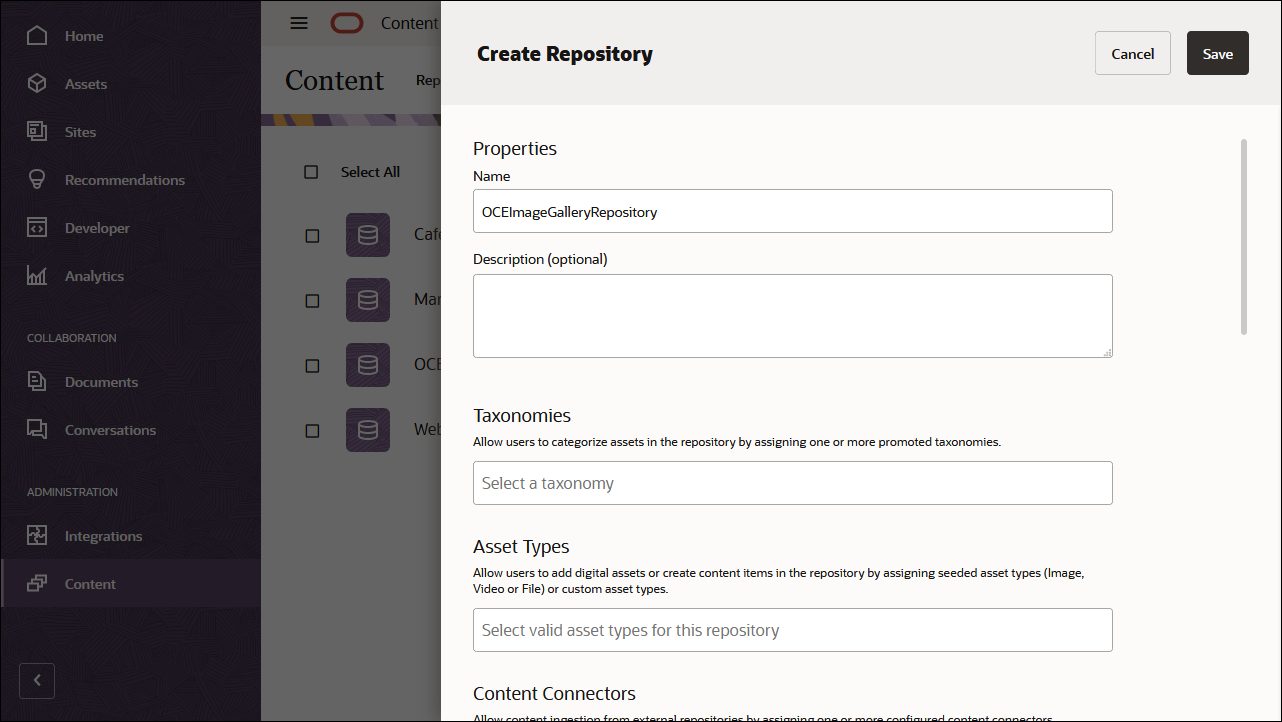 This image shows the repository definition panel, with ’ OCEImageGalleryRepository ’ in the repository name field.