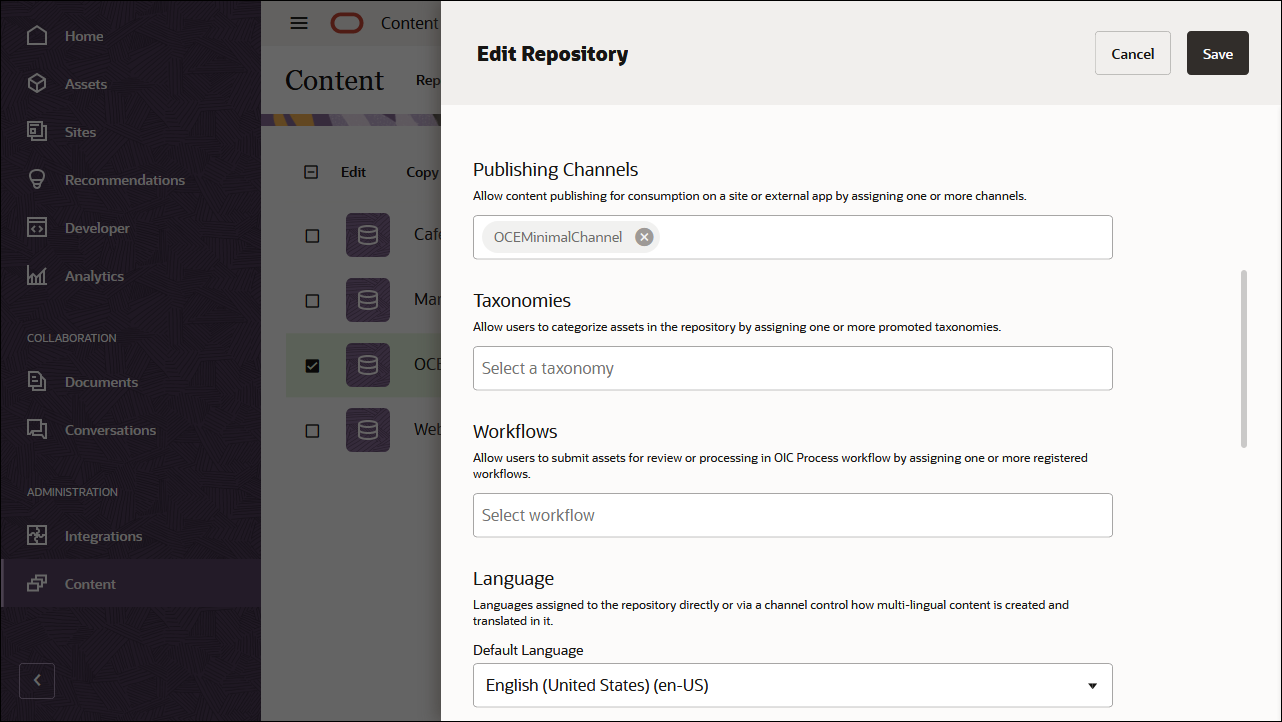This image shows the repository definition panel, with ‘OCEMinimalChannel’ in the Publishing Channels field.
