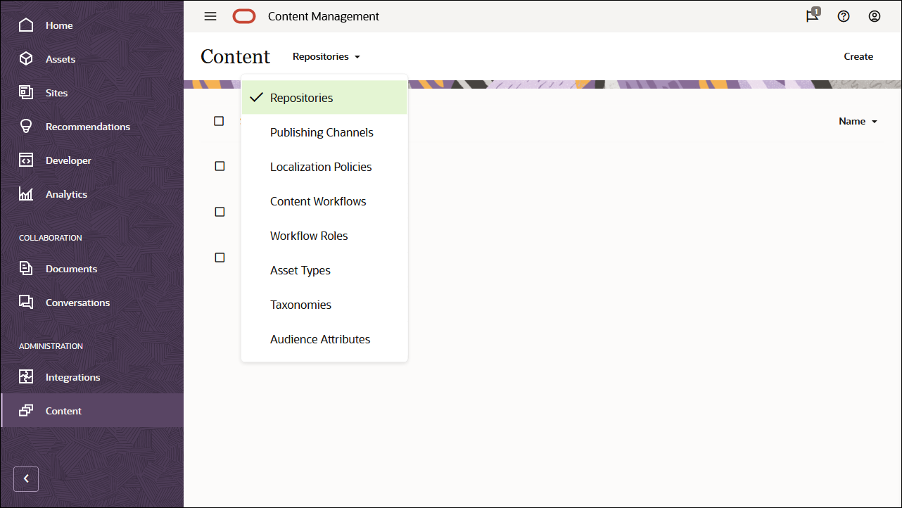 This image shows the Repositories option selected in the dropdown menu in the Content page header.