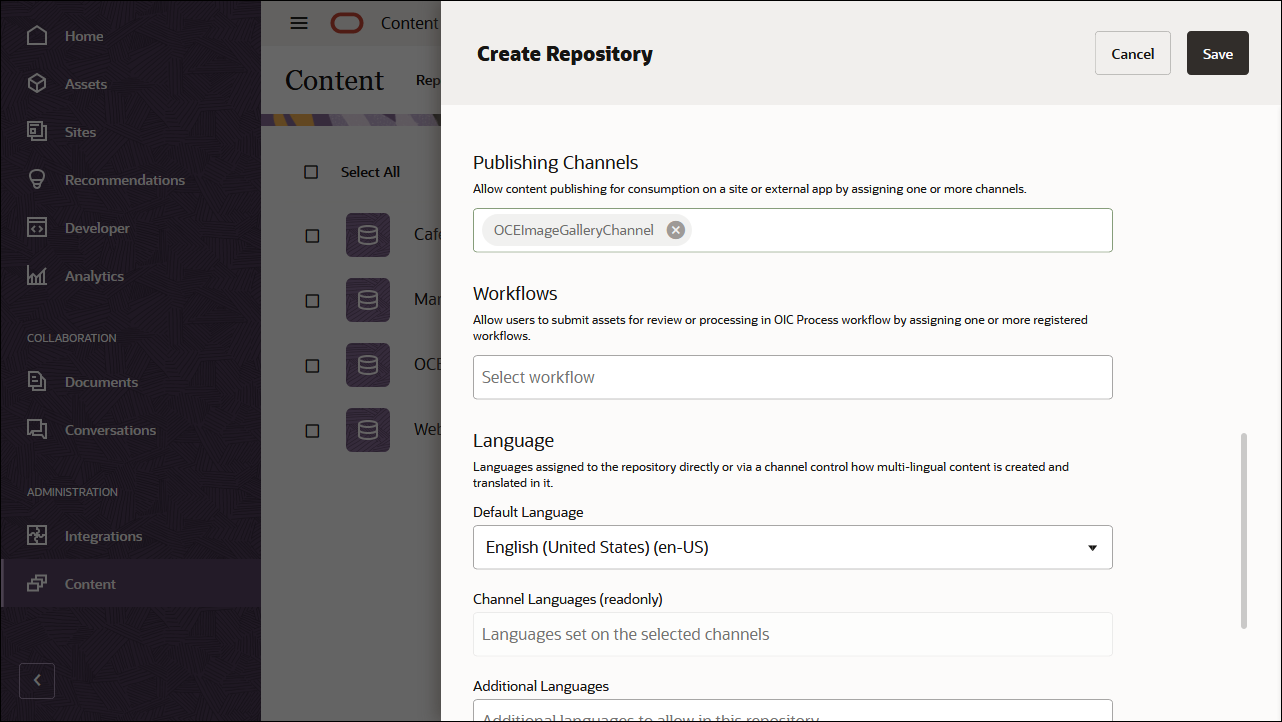 This image shows the repository definition panel, with ‘OCEImageGalleryChannel’ in the Publishing Channels field.