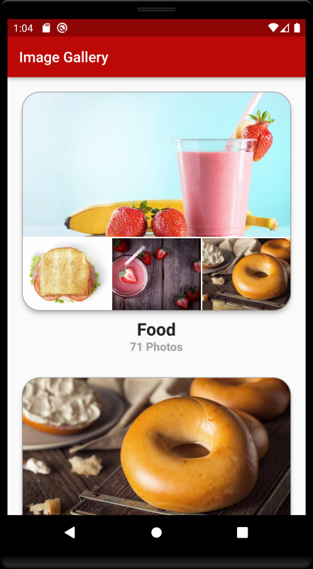 This image shows the home page for the image gallery, with images of various image categories: sandwiches, drinks, dessert, breakfast, and food.