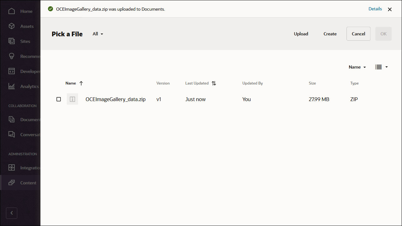 This image shows the upload confirmation screen for the OCEImageGallery_data.zip file.