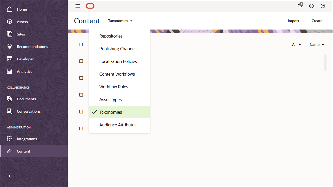 This image shows the Taxonomies option selected in the dropdown menu in the Content page header.