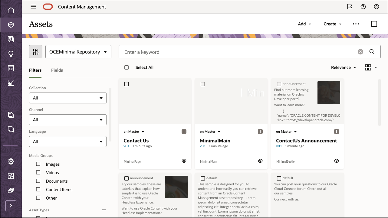 This image shows the OCEMinimalRepository repository, with all assets that were just imported.