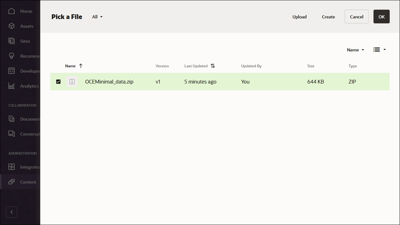 This image shows the selected OCEMinimal_data.zip file with the OK button enabled.