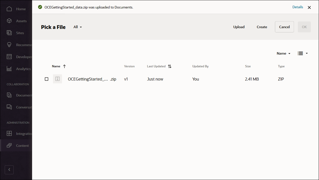 This image shows the upload confirmation screen for the OCEGettingStarted_data.zip file.