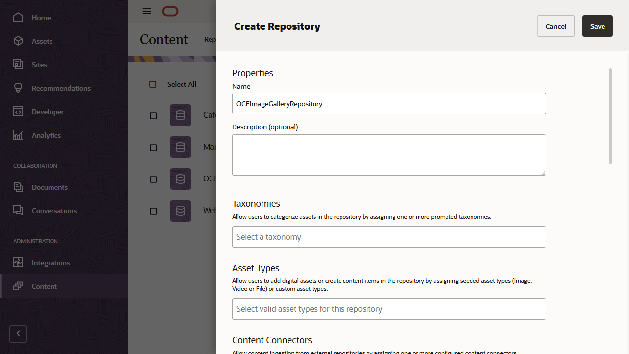 This image shows the repository definition panel, with ’ OCEImageGalleryRepository ’ in the repository name field.