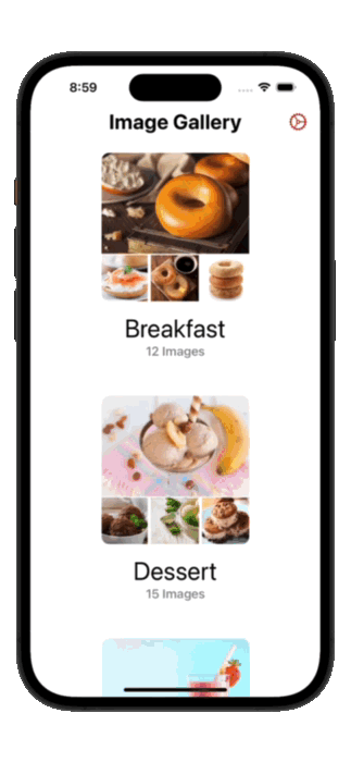 This image shows the gallery demo, drilling into the category of breakfast foods with different kinds of bagels, some with cream or toppings, or both.