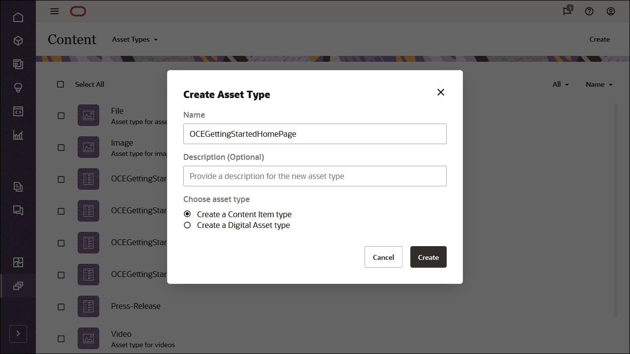 This image shows the Create Asset Type dialog in the Oracle Content Management web interface.