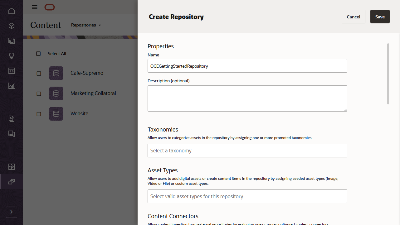 This image shows the repository definition panel, with ‘OCEGettingStartedRepository’ in the repository name field.