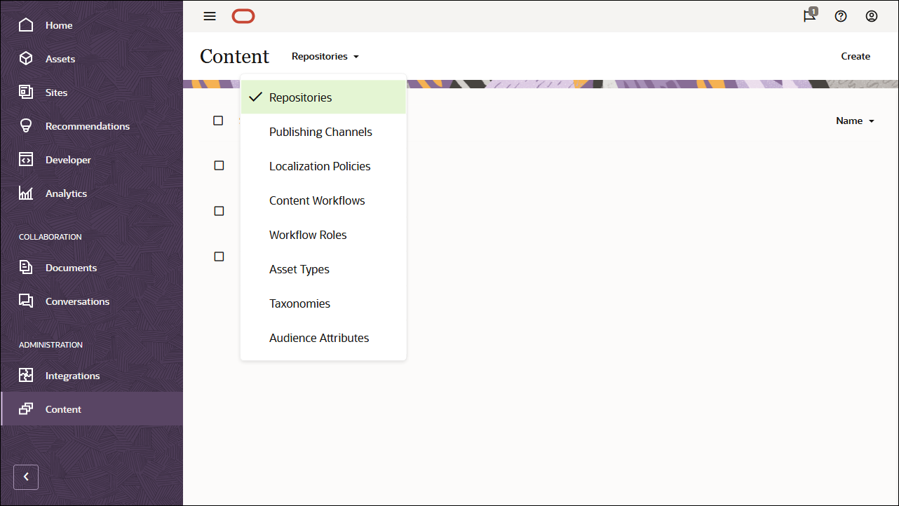 This image shows the Repositories option selected in the dropdown menu in the Content page header.