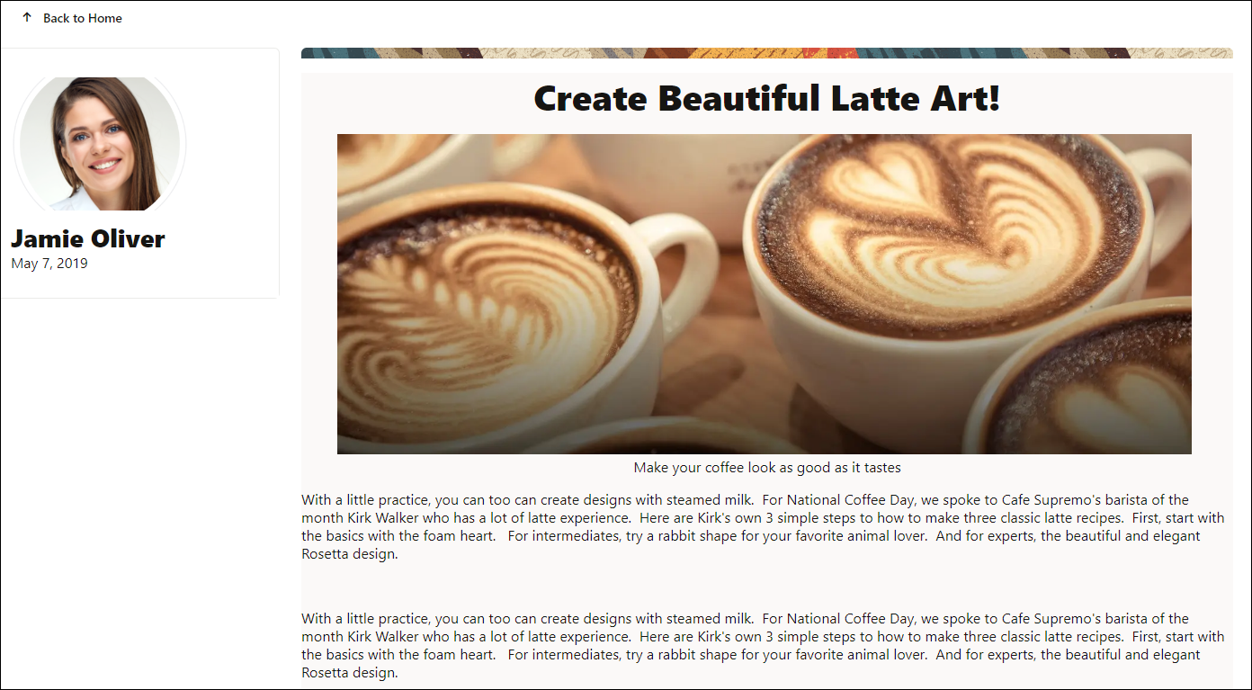 This image shows an article page called ‘Create Beautiful Latte Art!’.