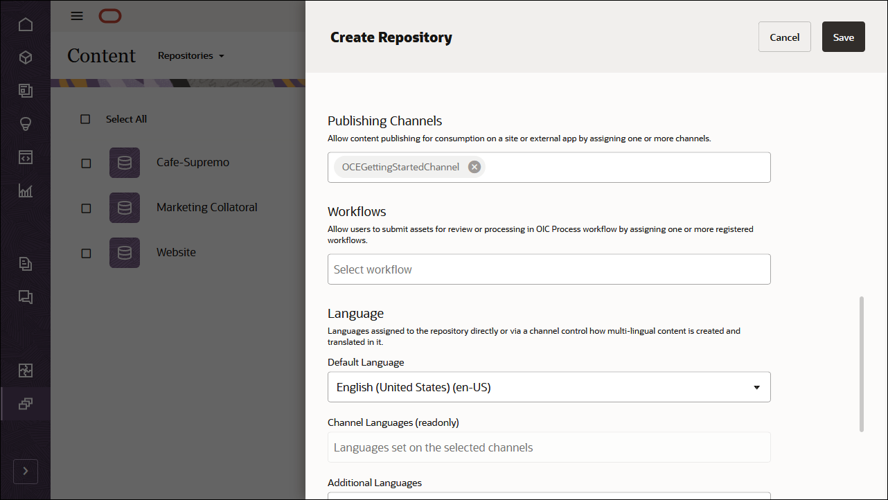 This image shows the repository definition panel, with ‘OCEGettingStartedChannel’ in the Publishing Channels field.