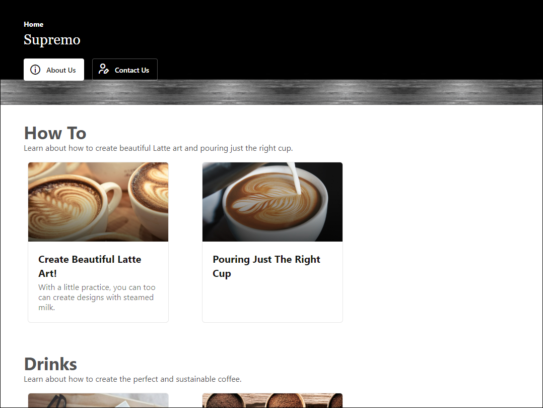This image shows the home page for Cafe Supremo demo site with a list of the available topics and articles.