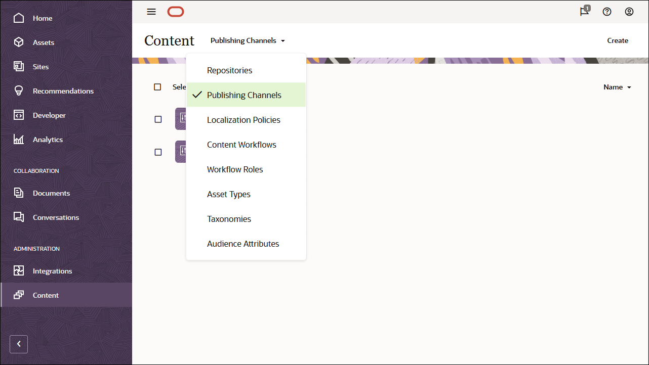 This image shows the Publishing Channels option selected in the dropdown menu in the Content page header.