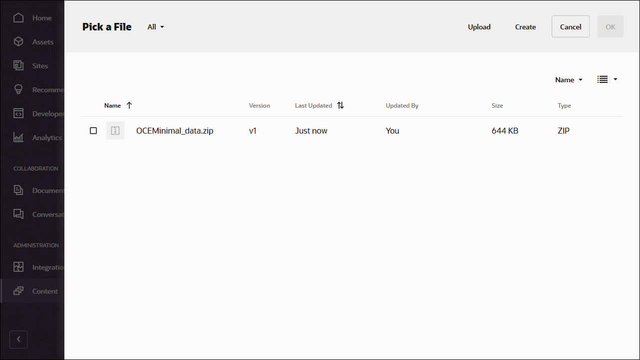 This image shows the upload confirmation screen for the OCEMinimal_data.zip file.