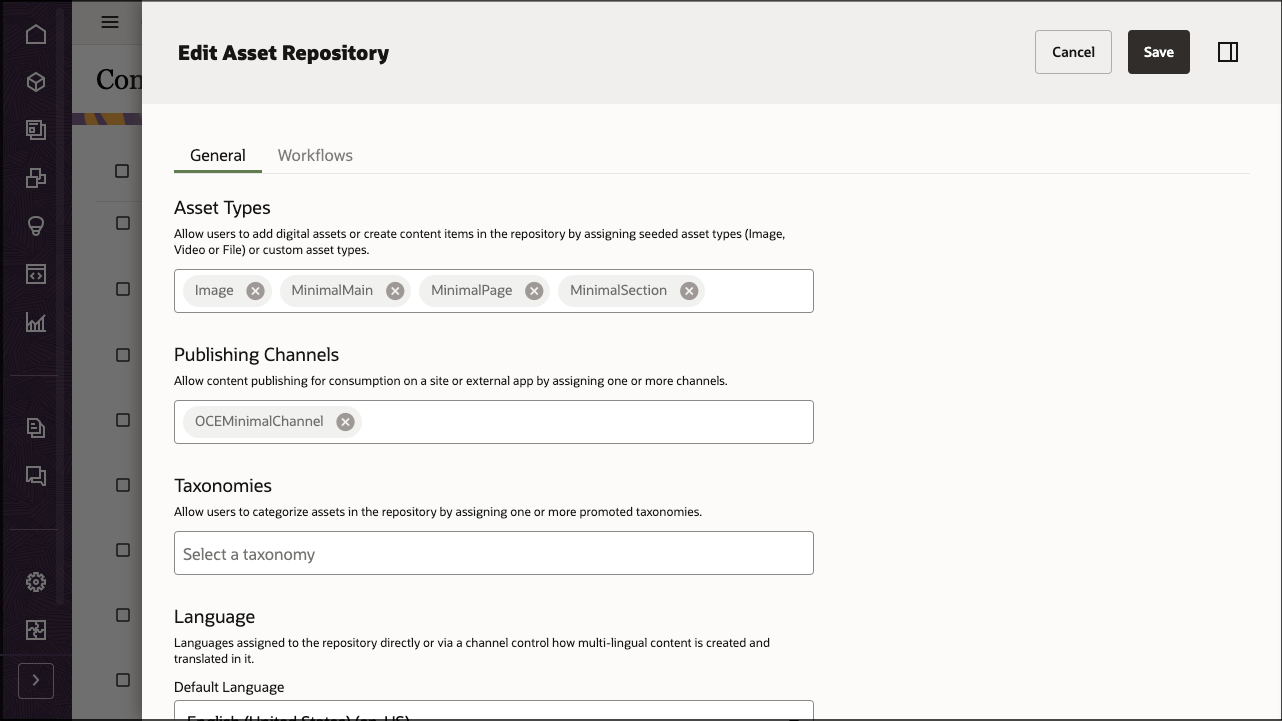 This image shows the Edit Repository page in Oracle Content Management, with the three newly created content types associated with the OCEMinimalRepository repository.