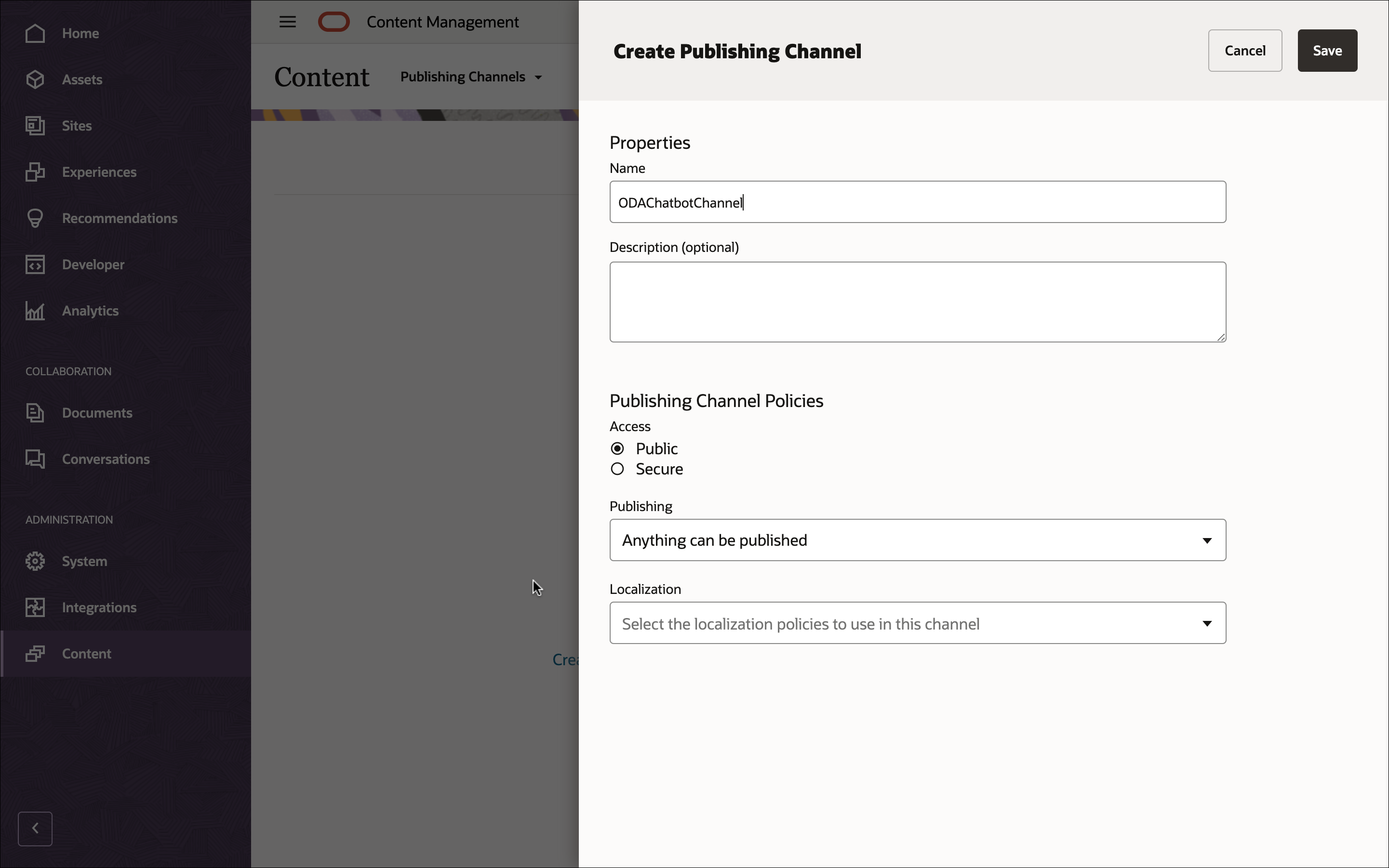 This image shows the publishing channel definition panel, with ‘ODAChatbotChannel’ in the channel name field.