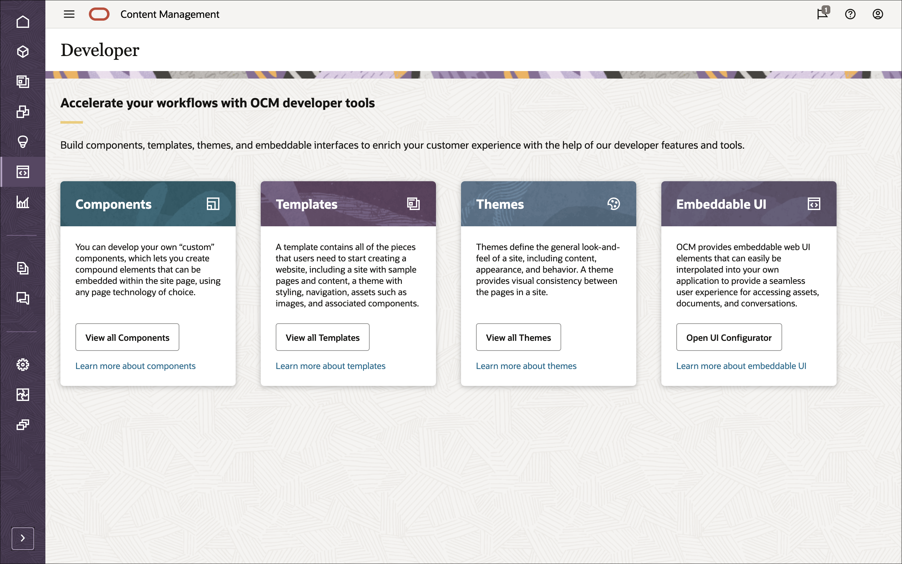 This image shows the Developer page in the Oracle Content Management web interface, with links to components, template, themes, and embeddable UI.