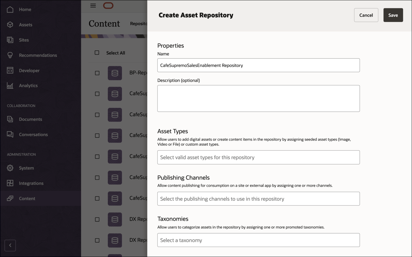 This image shows the Create Asset Repository page in the Oracle Content Management web interface.