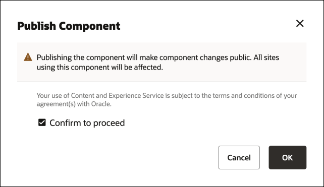 This image shows the Publish Component page with the ‘Confirm to proceed’ checkbox selected and the OK button enabled.