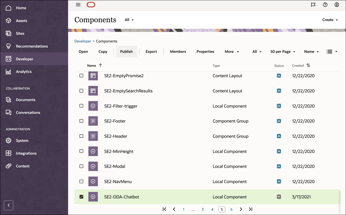 This image shows the Components page with the SE2-ODA-Chatbot component selected and the Publish option enabled.