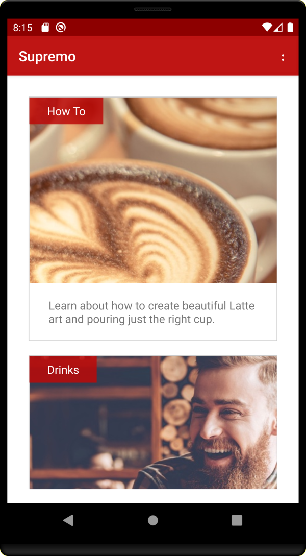 This image shows the home screen for Cafe Supremo demo site with a list of the available topics.