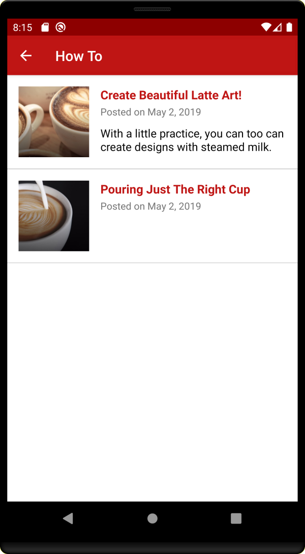 This image shows a topic screen called ‘How To Make Coffee’ with a list of the available articles for that topic.