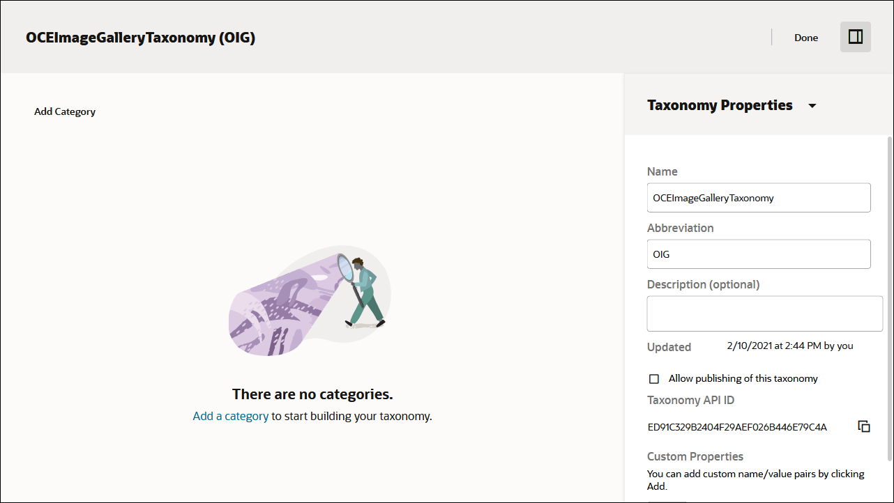 This image shows the Add Category page for the ‘OCEImageGalleryTaxonomy’ taxonomy.