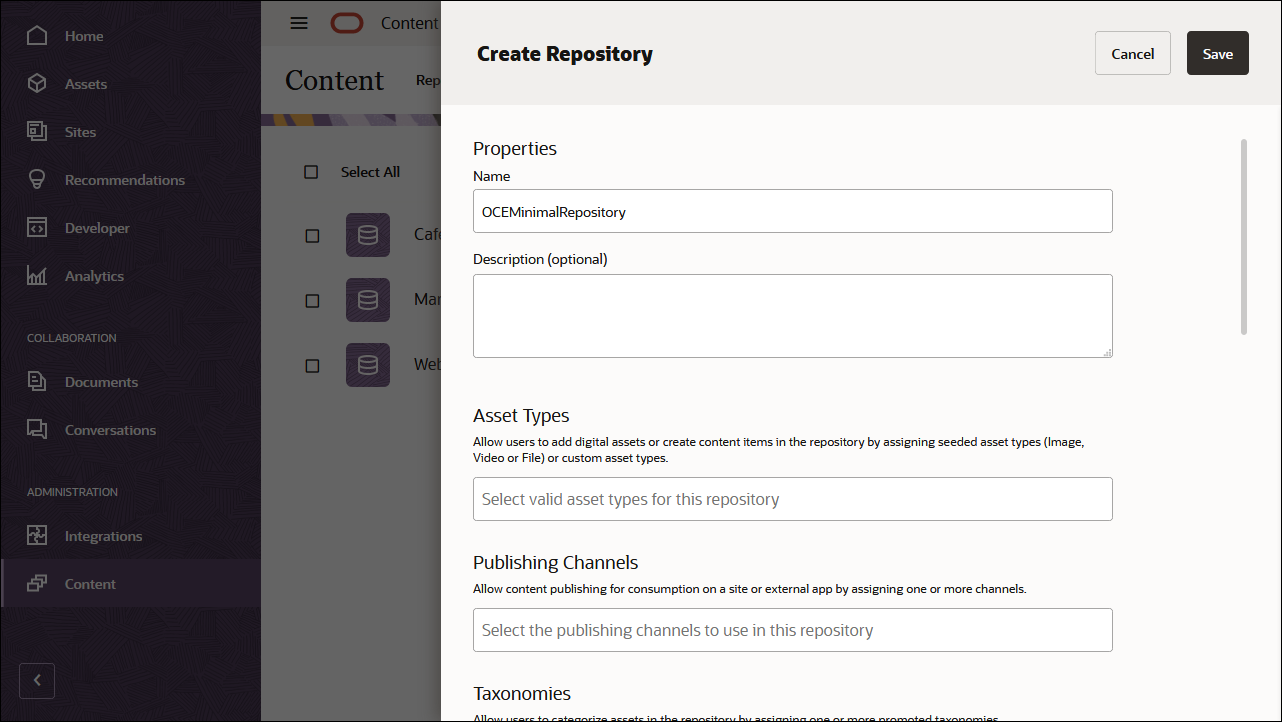 This image shows the repository definition panel, with ‘OCEMinimalRepository’ in the repository name field.