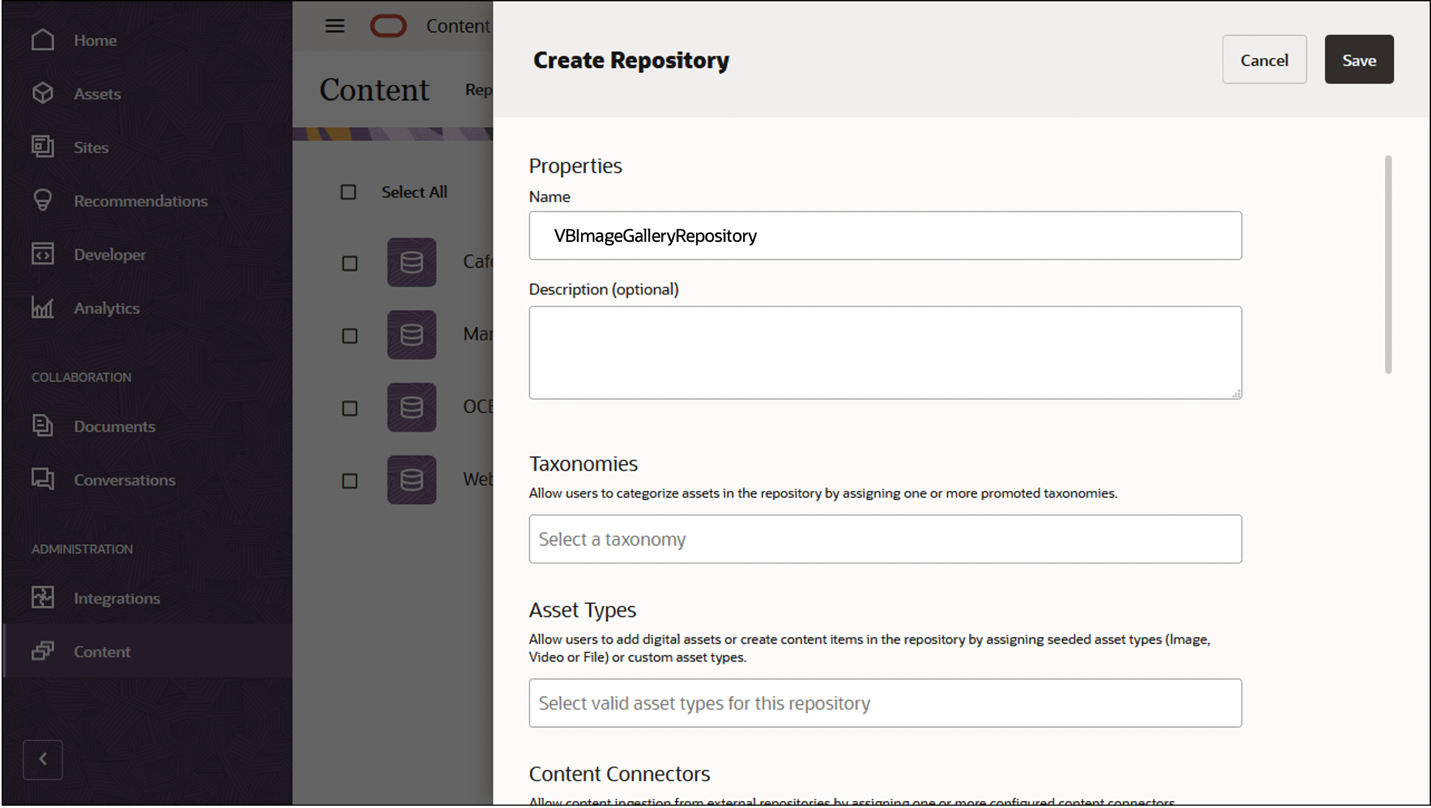 This image shows the repository definition panel, with ‘VBImageGalleryRepository’ in the repository name field.